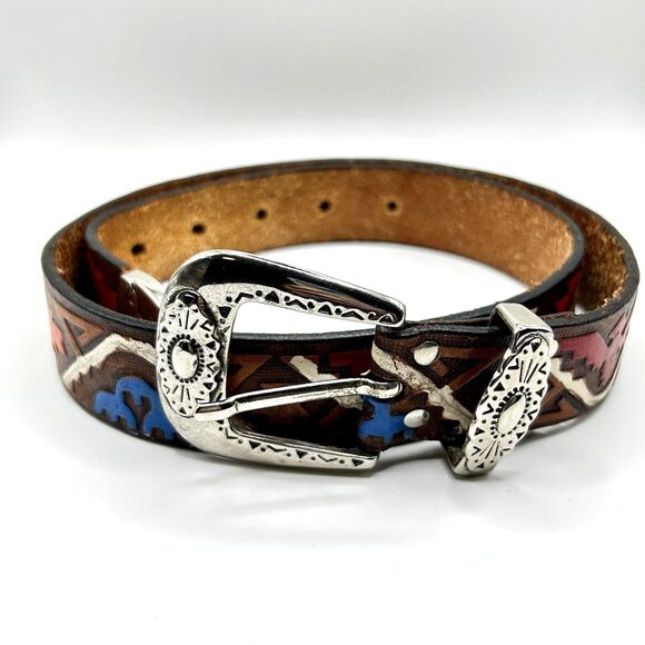 Vintage Milor Tooled Leather Belt Southwest Thunderbird Aztec Size Small 1980s - Picture 12 of 12